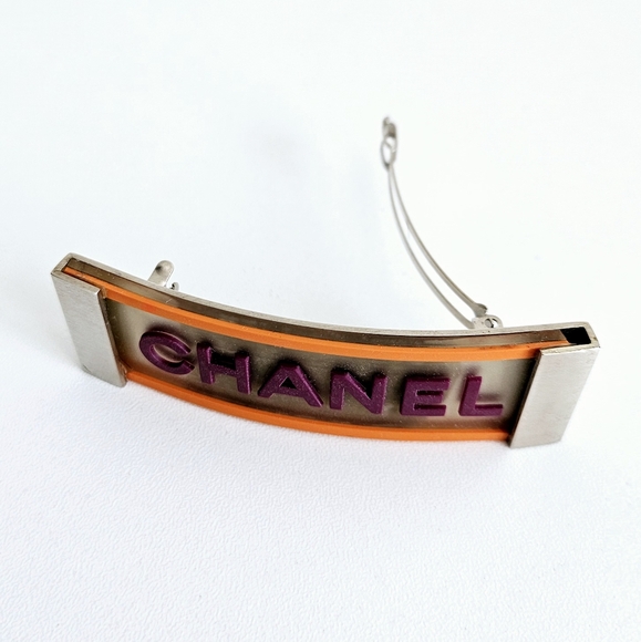 Chanel Silver & Purple, Orange Rubber Logo Hair Barette - Picture 1 of 6
